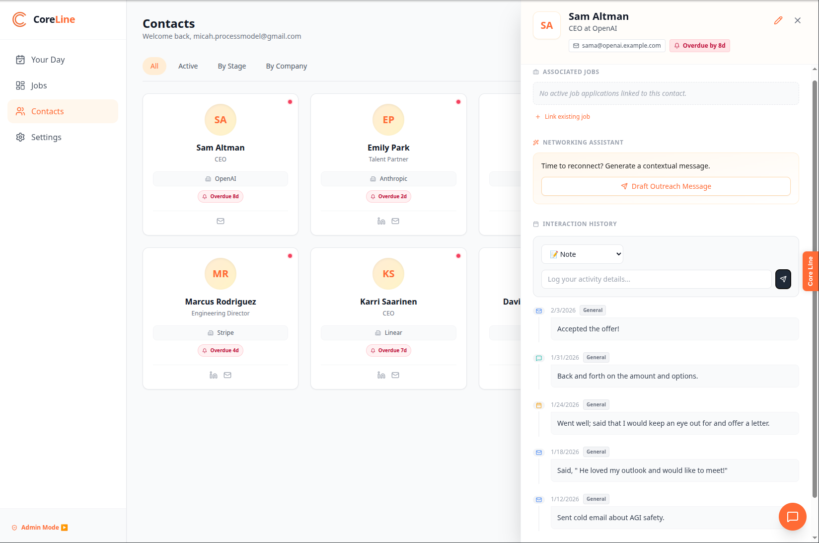 Timeline view showing calls, emails, and notes